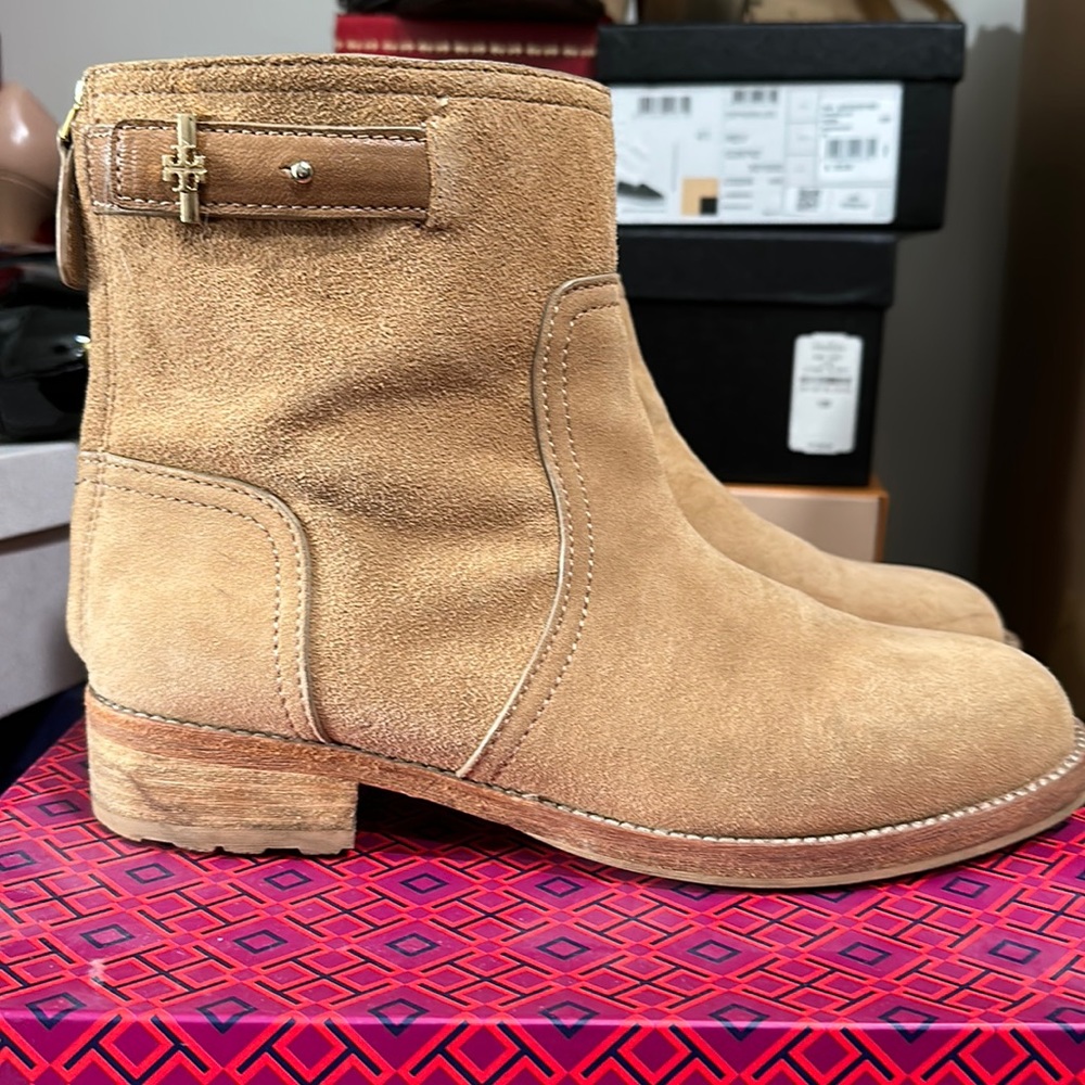 Tory Burch suede booties in Tuscan tan